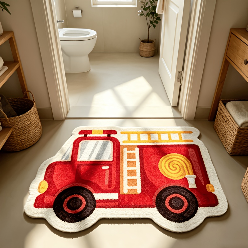 Home Bathroom Floor Mats - VIKAMA Cartoon brandweerwagenvormige pluche absorberende vloermat,